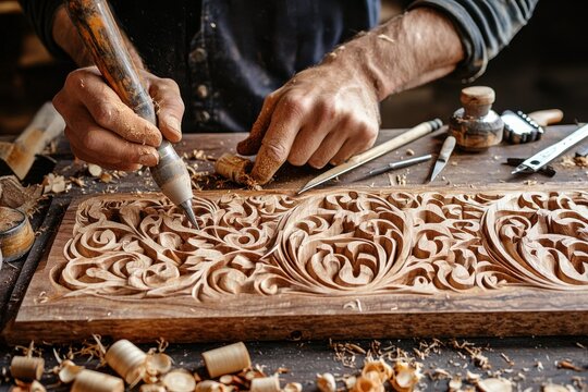 Artisan's hands skillfully carving intricate patterns into wood, highlighting the precision and dedication of woodworking with sharp carving tools and wood shavings.