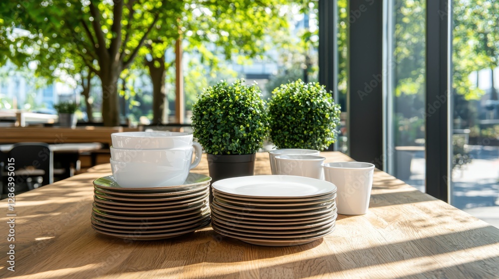 Aufkleber recyclable tableware options arranged on rustic table in bright daylight front-facing view realistic