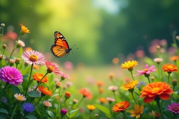 Butterflies flitting around a colorful patch of wildflowers, garden, bloom