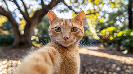 curious orange cat takes selfie in sunny garden, showcasing its playful personality and vibrant surroundings. blurred background adds dreamy effect to scene