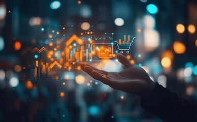 E commerce Growth Hand Holding Digital Shopping Cart Sales Data Charts