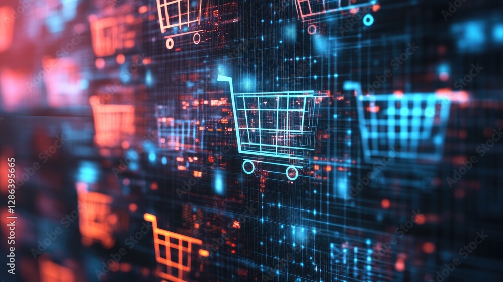 Poster digital shopping cart icons with tech background in blue and red
