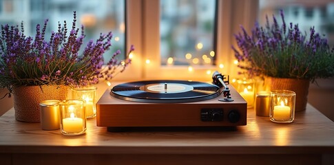 Vintage vinyl record player on a wooden table with candles and lavender flowers, evoking a romantic evening atmosphere