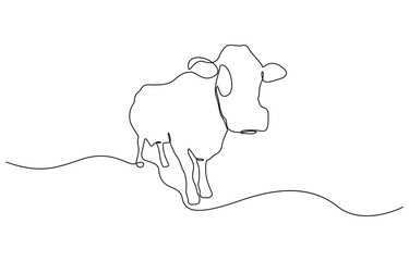 Continuous one line drawing dairy cow. Cattle. Dairy industry, Cow in continuous one line drawing. Single line art draw of cow or bull. Editable vector.