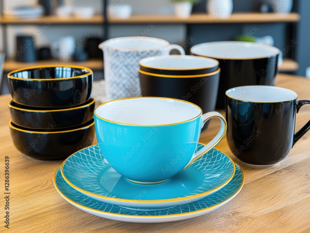 Poster stylish versatile dinnerware sets on wooden table soft natural light overhead angle assorted pattern