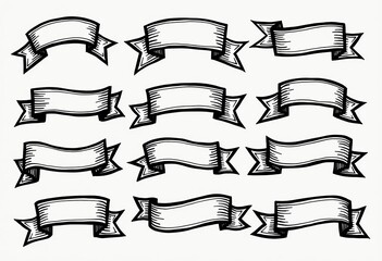 Elegant Simplicity: Hand-Drawn Ribbon and Banner Collection - Minimalist Line Art Sketches for Versatile Design Projects, Black and White Illustrations on Clean White Backgrounds.

