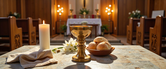 Sacred chalice and bread on altar table in church, Maundy Thursday