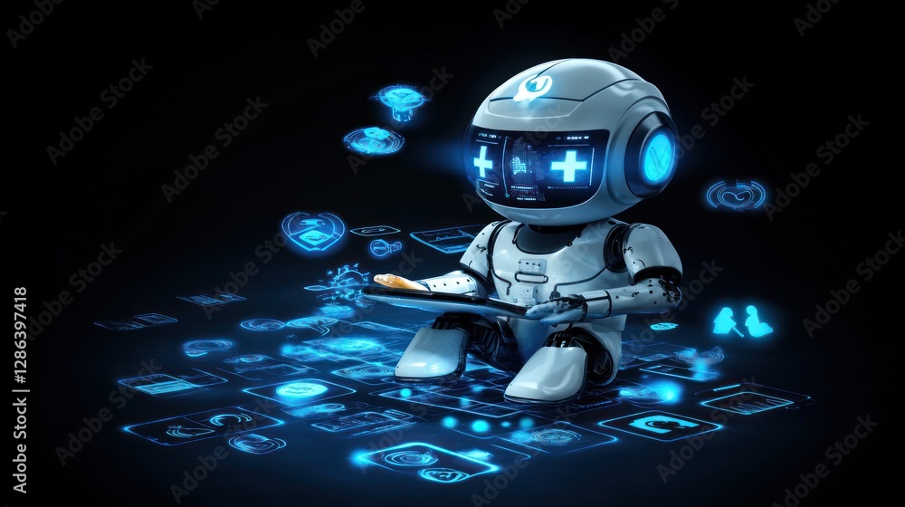Poster robot learning data, digital interface, dark background, tech education