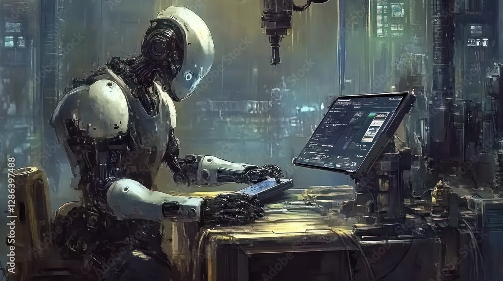 Poster robot coding futuristic city factory