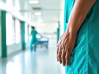Healthcare Professional in Green Scrubs Standing in Hospital Corridor with Patient in Background
