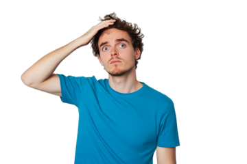 Tired young man touching his head isolated on white background  , no background, transparent background , PNG