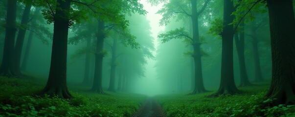 Obraz premium Dense forest with towering trees and misty atmosphere, mist, green