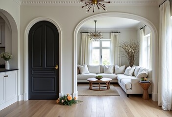 Discover Modern Living: Arched Black Wood Door, White Sofa, Round Coffee Table, Floor Flowers, Chandelier - A Stylish and Elegant Interior Design Home Concept.


