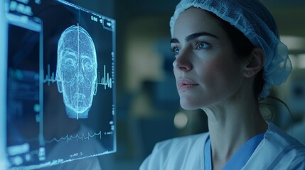 Female scientist examines a 3D holographic model of a human head on a transparent screen.