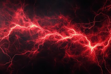 dynamic abstract composition of red lightning bolts forming intricate patterns against stark black background high voltage energy concept