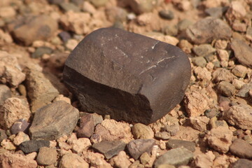 A close-up view of a black stone on the ground