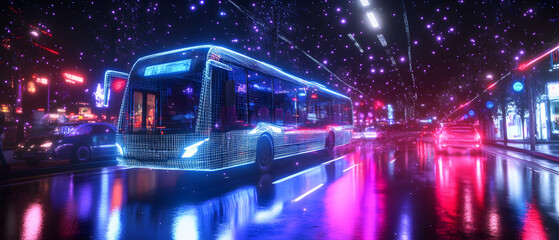 Holographic digital bus gliding through neon-lit city with motion blur effects