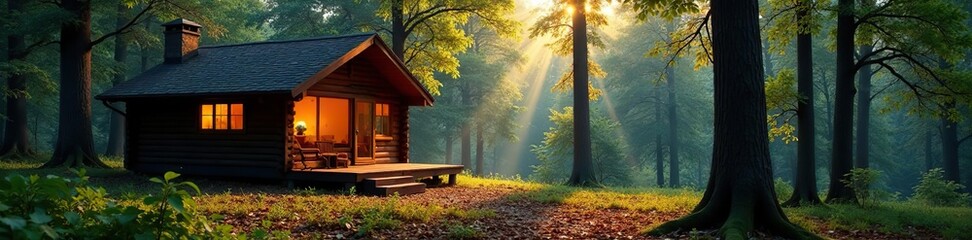 Naklejka premium Cabin nestled in the woods with a large window facing the trees, nature, branches