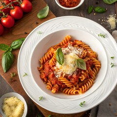 Italian Fusilli Pasta with Tomato Sauce, Parmesan & Basil &ndash; Gourmet Food Photography
