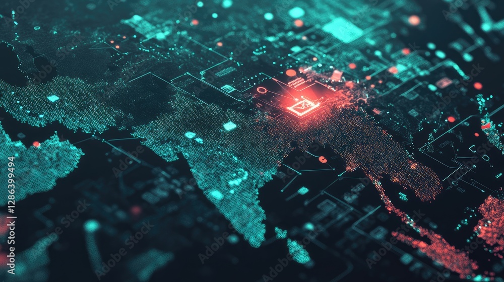Poster digital global network map visualization with bright neon lights
