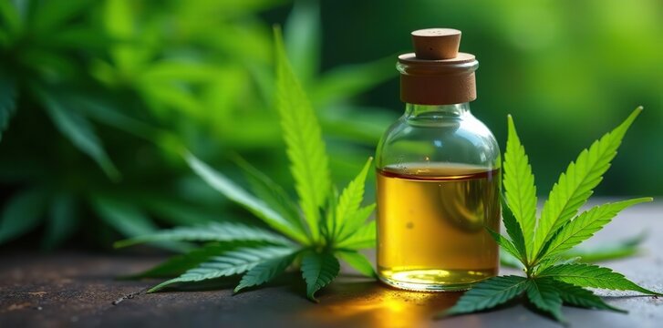 Cannabis oil and marijuana leafs in a clear liquid solution, extract, distillate, leaves