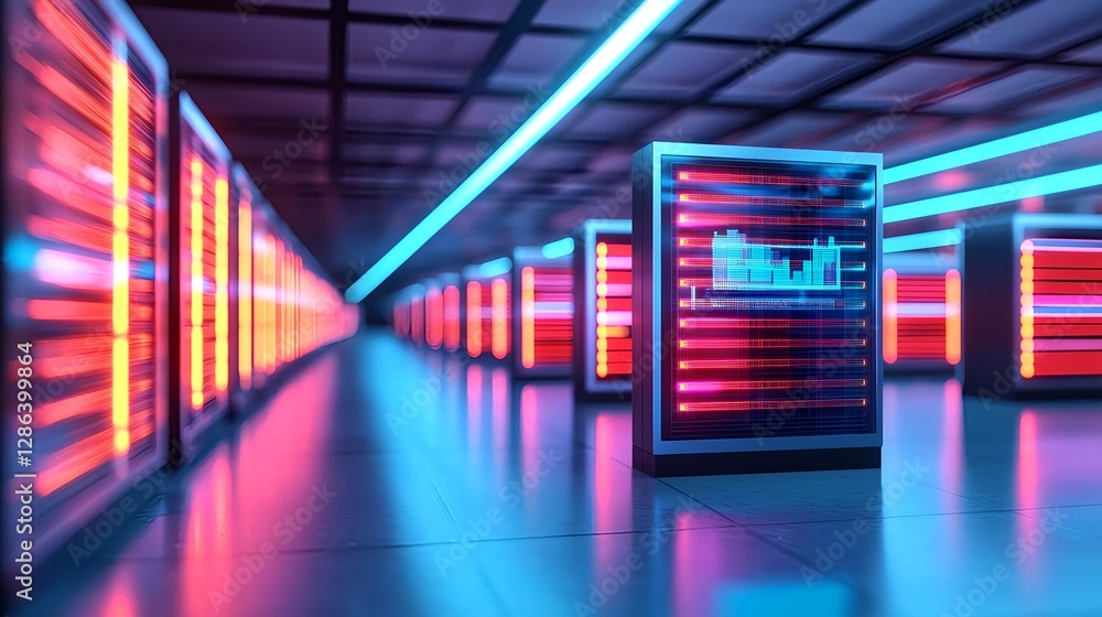 Poster data center server room with cloud computing technology and futuristic neon lights