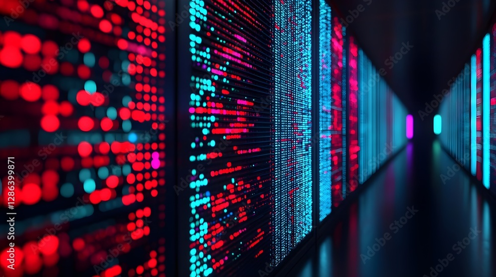 Poster data center servers: futuristic technology and digital network infrastructure