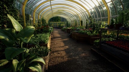 Lush greenhouse filled with vibrant plants and flowers, sunlight streaming through the glass