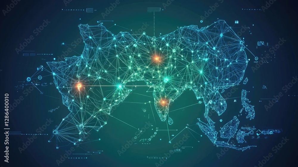 Poster digital network map of asia and surrounding regions with nodes