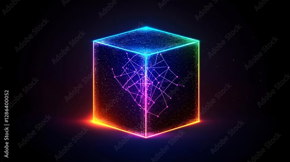Poster digital cube with glowing network connection, technology concept, artificial intelligence