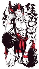Powerful Anime Warrior in Red and Black, Fantasy Art
