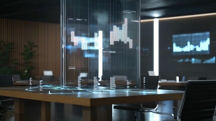 Futuristic office interior with holographic displays showing financial data on a wooden table.