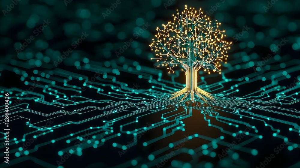 Poster digital tree technology concept: abstract circuit board design for growth and innovation