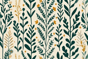 Elegant floral pattern featuring various green leaves and yellow flowers on a light background