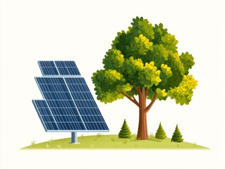 Renewable solar energy technology with solar panel and lush green tree symbolizing sustainable power and environmental harmony in modern eco friendly illustration of clean electricity production
