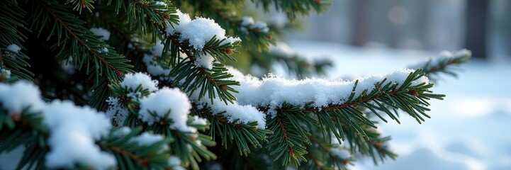 Obraz premium Dense layer of snow on the dark green needles of a Pinus mugo subsp mugo bush, forest, ice, tree