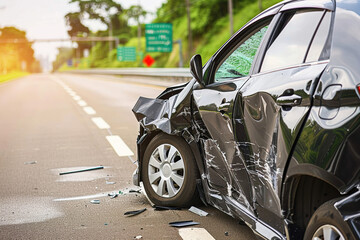Naklejka premium Collision of vehicles involved in major accident on city road with major damage, abstract vivid composition consists of fictional unreal fantastic vision on background