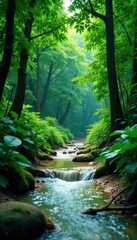 Obraz premium Dense rainforest surrounds a small white sand creek, trees, peaceful, stream