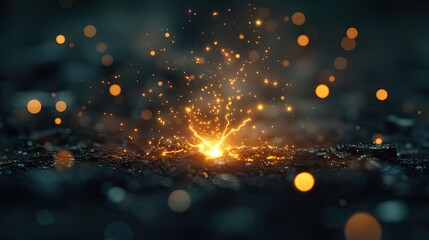 Naklejka premium Golden Sparks Erupting on Dark Surface with Bokeh Light Effect