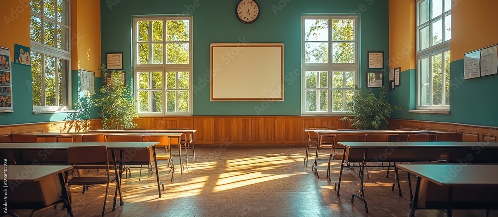 Aufkleber sunlit classroom with empty desks and blank board.