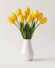 Bright yellow tulips arranged in a white vase enhance the lightness of a simple interior space