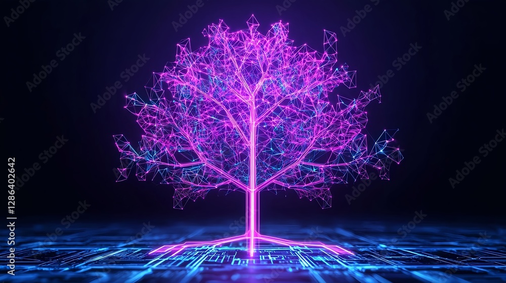 Poster futuristic digital tree of knowledge concept - artificial intelligence and neural network illustrati