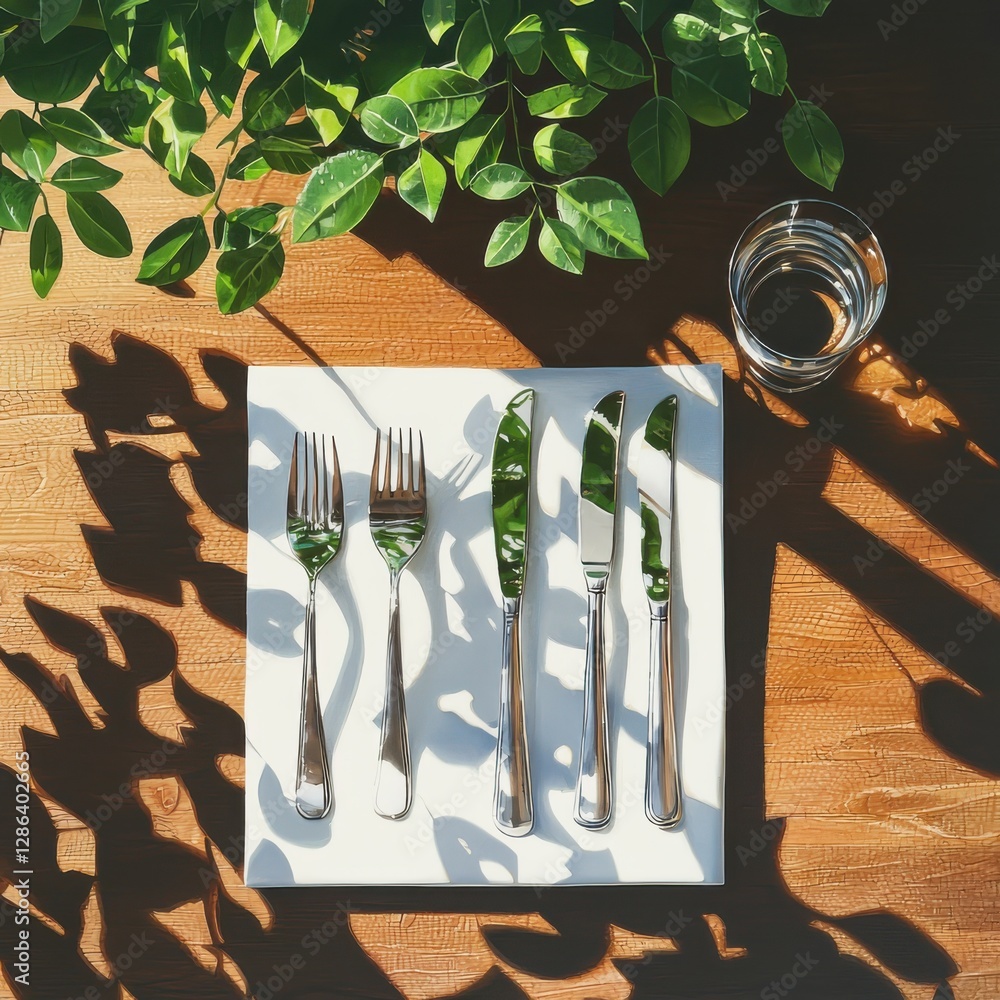 Aufkleber ecoconscious flatware set on rustic dining table soft light filtering through leaves nature-inspired