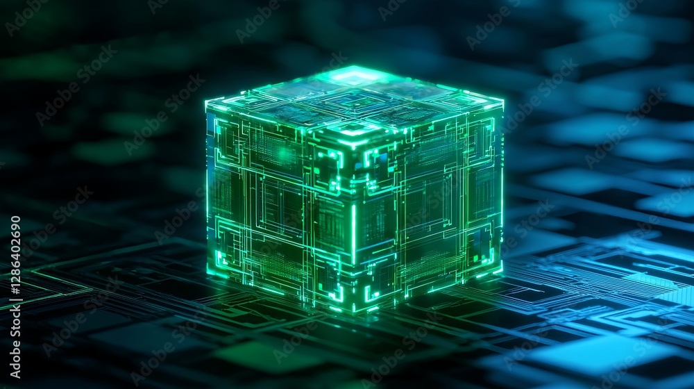 Poster futuristic green technology cube: artificial intelligence concept and data security