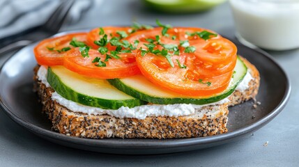Healthy whole wheat sandwich with tomato and cucumber