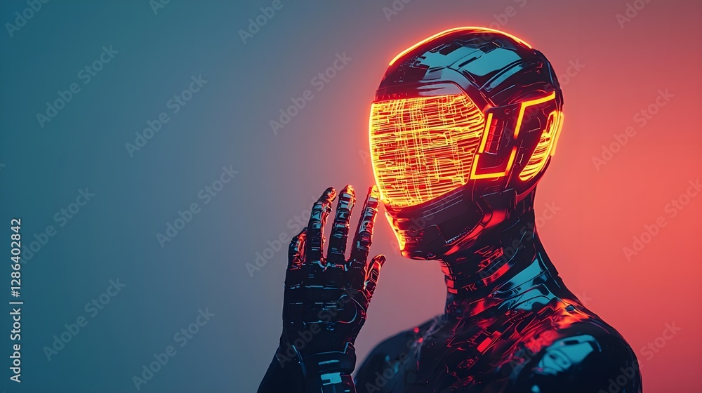 Poster futuristic robot, artificial intelligence, cyberpunk concept with glowing lights and copy space.