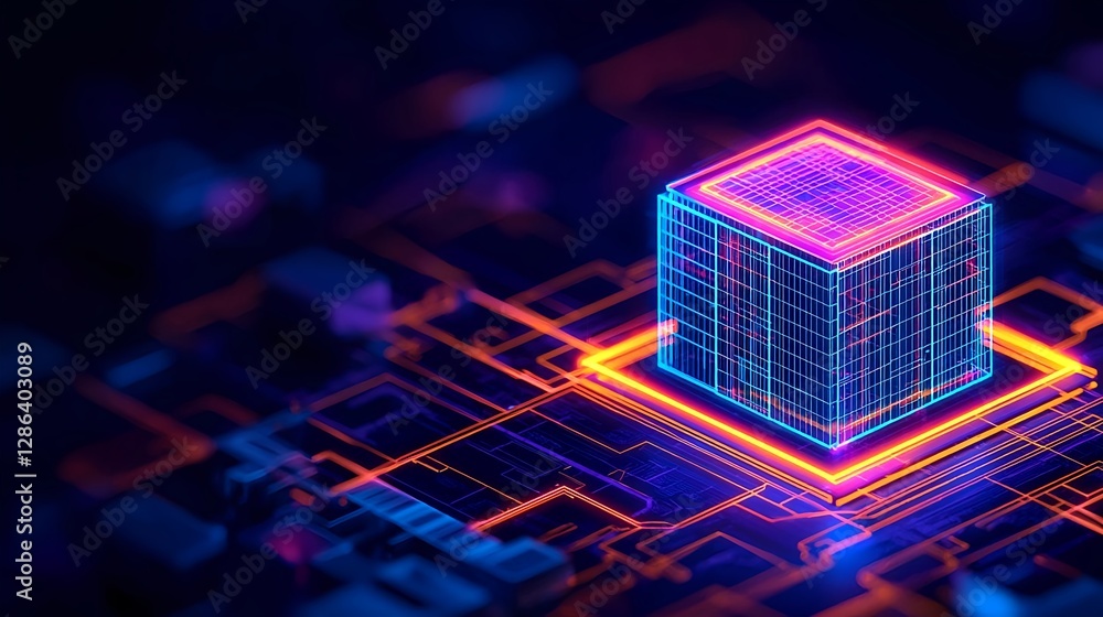 Poster futuristic technology concept: abstract data server with neon circuit board background