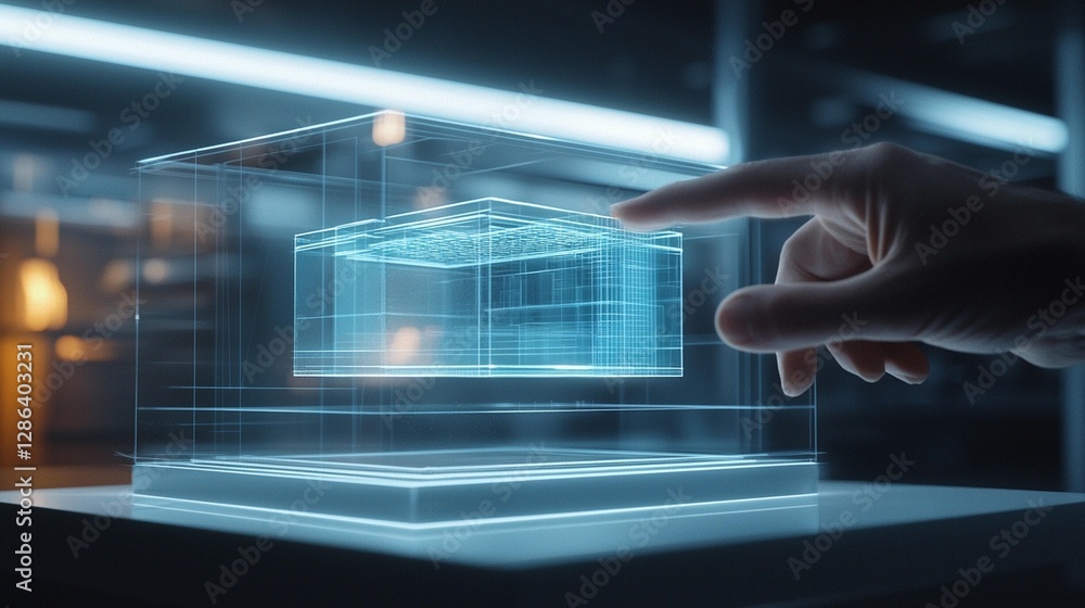 Poster hand interacting with a 3d holographic building model, showcasing futuristic architecture design and