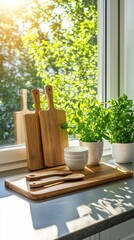 Fototapeta premium Ecofriendly utensils displayed in a sunlit kitchen eye-level view vibrant greens in background realistic content