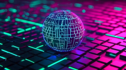 Futuristic Technology Globe with Neon Cyberpunk Grid on Abstract Background